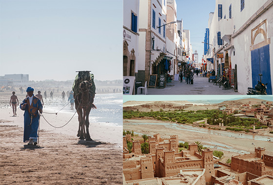Collage of images of man leading a camel, agadir, morocco; Aït Benhaddou, Morocco; A Quiet Street in Essaouira, Morocco.