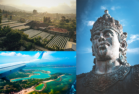 Collage of images of Jl. Raya Singaraja-Denpasar, Pancasari, Sukasada, Kabupaten Buleleng, Bali 82191, Indonesia, Denpasar, Bali from an aeroplane and Garuda Wisnu Kencana in Bali (statue).