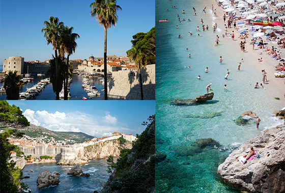 Collage of images of the harbour at Dubrovnik, croatia; the beach at Dubrovnik; a view across to Dubrovnik. 