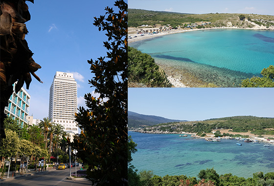 Collage of images of izmir - hilton - alsancak; a bay at izmir with boats and a bay at izmir with turquoise waters.