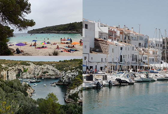 Collage of images of Ciutadella, Menorca, Spain; people on the beach Marjal Vella, 07769 Ciutadella de Menorca and boats within in a bay.