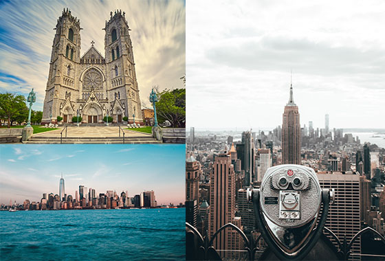 Collage of images of sacred heart cathedral; Ellis Island, Jersey City; view of new york skyline.