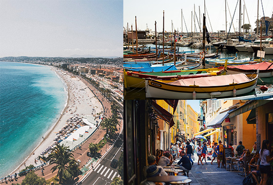 Collage of images of Nice Beach, Port Lympia, Nice, France, street in Nice with bars and cafes.
