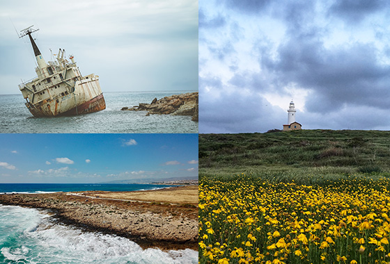 Collage of images of lonely lighthouse in Paphos ;Edro 3, paphos, shipwreck; Coastal Broadwalk, Paphos, Cyprus.