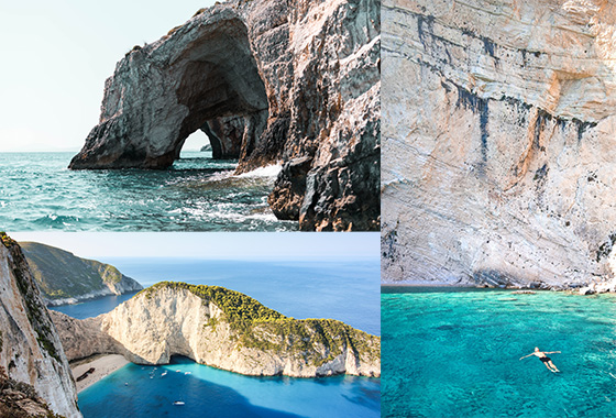 Collage of images of man relaxing in water Zakynthos, Greece; Blue Cave on Zakynthos Island; Navagio Shipwreck.
