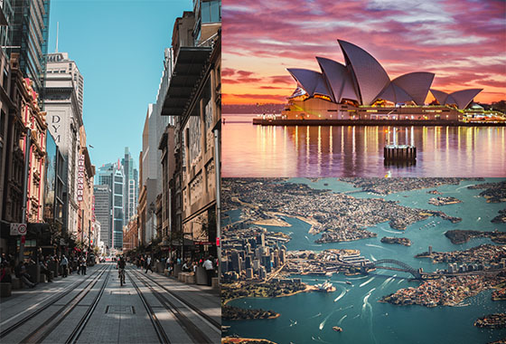 Collage of images of George Street, Birds Eye View and Sydney Opera House.