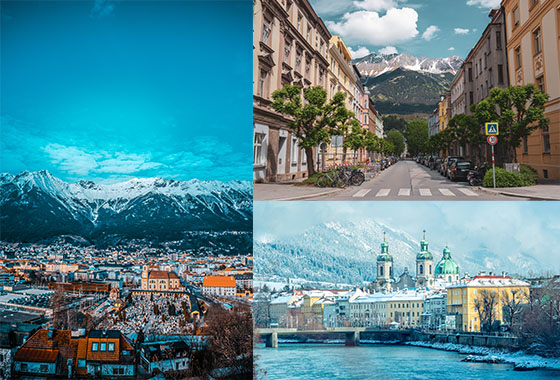 Collage of images of Innsbruck's mountain range, Unibrücke and Street in Innsbruck,