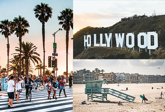 Collage of images of Santa Monica boulevard, the Hollywood sign and Venice Beach in Los Angeles.