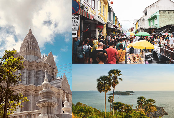 Collage of images of outdoor shot of stone Thai Buddhist Temple Tower, Promthep Cape and busy street Phuket, Thailand.