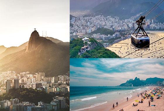 Collage of images of Bondinho do Pão de Açúcar, Rio de Janeiro, Brazil (with the cable car), Christ the Redeemer and Rio de Janeiro beach