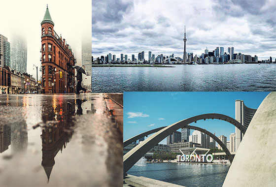 Collage of images of Toronto Flatiron Reflections, Toronto islands and Nathan Phillips Square