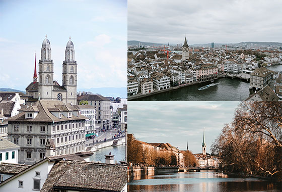 Collage of images of the Grossmunster in Zurich, aerial photo of Zurich and the Limmat River