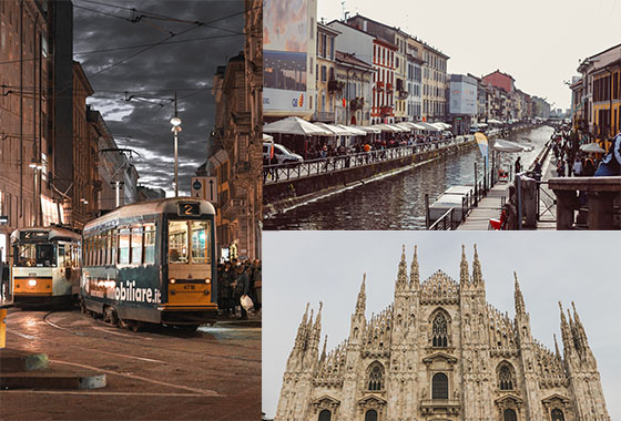 Collage of images of Milan's Tram, Bosco Verticale River and Milan Cathedral