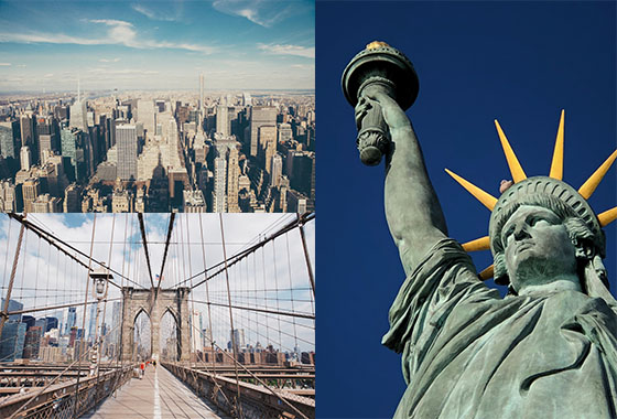 Collage of images of New York Cityscape, Brooklyn Bridge and Statue of Liberty
