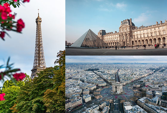 Collage of images of Paris Eiffel Tower, Are de Triomphe and Louvre