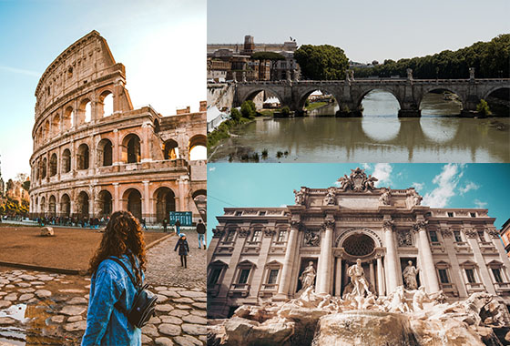 Collage of images of Colosseum, Trevi Fountain and Bridge
