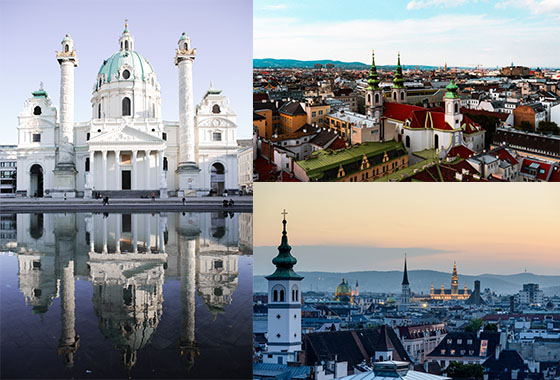 Collage of images of Vienna Cityscape, Karlskirche and Rootfops