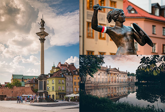 Collage of images of Warsaw's Castle Squre, Royal Palace and Old Town Market Mermaid Syrena Statue