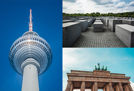 Collage of images of Berlin's Fernsehturm Tower, Holocaust Memorial and Brandenburg Gate