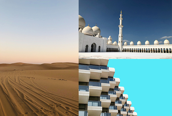 Collage of images of Sheikh Zayed Desert - Al Ain - Abu Dhabi, Sheikh Zayed Grand Mosque and 125 Al Maiyani St, Abu Dhabi, United Arab Emirates.