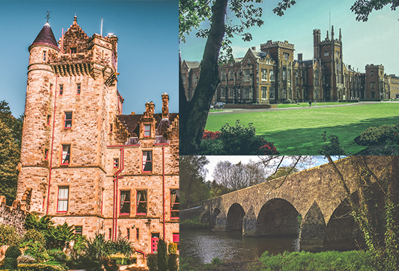 Collage of images of Lanyon Building Queen's University Belfast, Belfast Castle on a bright sunny autumnal afternoon and Shaw's Bridge, Belfast, Northern Ireland.
