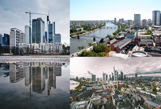 Collage image of Frankfurt Skyline, a windy river separating a cities big buildings from the small ones. reflections of buildings in water