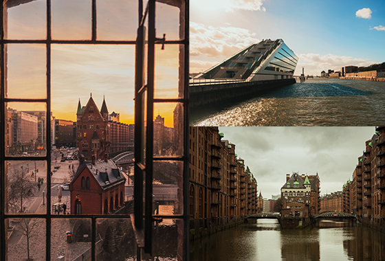 Collage image of Hafencity Speicherst through a window,  Hamburg Speicherstadt and Landungsbrücken, Hamburg, Germany.