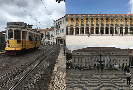 Collages of images of Lisbon yellow tram, The Praça do Comércio and iconic wave patterned tiles. 