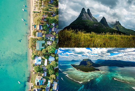 Collage of Mont du Rempart, a beautiful mountain on the west side of the Island and an aerial view of beach and houses in Le Morne.