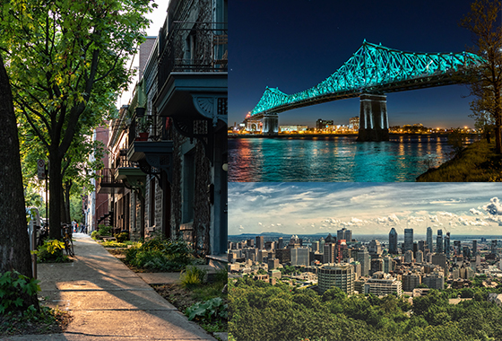 Collage of Downtown Montreal skyline, Jacques-Cartier Bridge and sunset in the streets of Montreal, Canada.