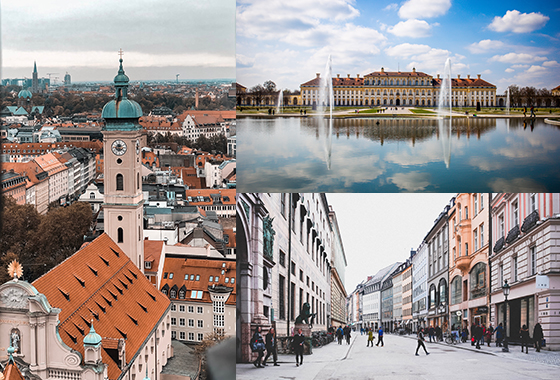 Collage of images of Schleissheim, High Stree and a view of Munich city scape in Munich, Germany.