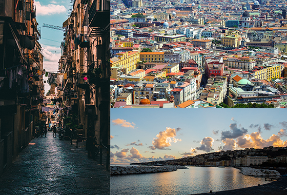 Collage image of the bay of naples, neapolitan washing along a side street, city scape of Naples with rooftops.