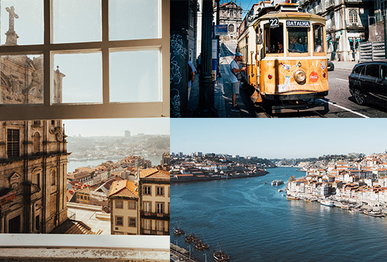 Collage of images viw out of a window looking over Porto, a yellow tram on the street of porto, a view of the Douro river.