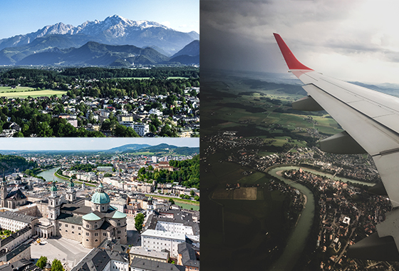 Collage of images of skyline of Salzburg in Austria, flying over Salzburg and a wide angle view of Salburz with mountains. 
