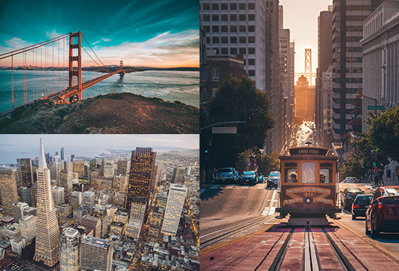Collages of images of cable car, golden gate bridge and san francisco skyline in San Francisco, United States.