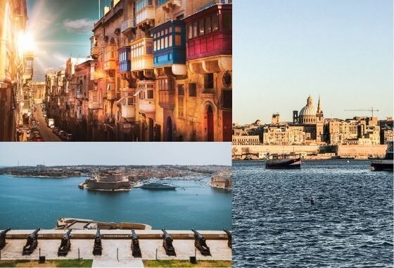 Collage of images of Valetta Port, The Saluting Battery and The Grand Harbour.