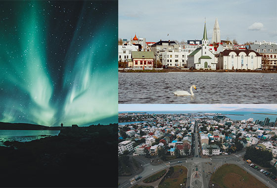 Collage of images of famous swan on water, Hallgrimskirkja and Wesfjords Region in Reykjavik.